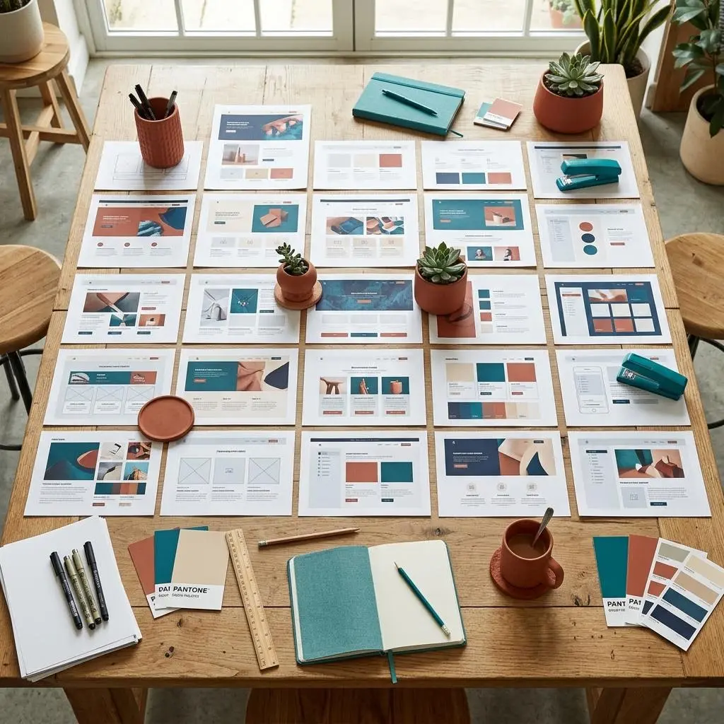 Printed layouts on a studio table
