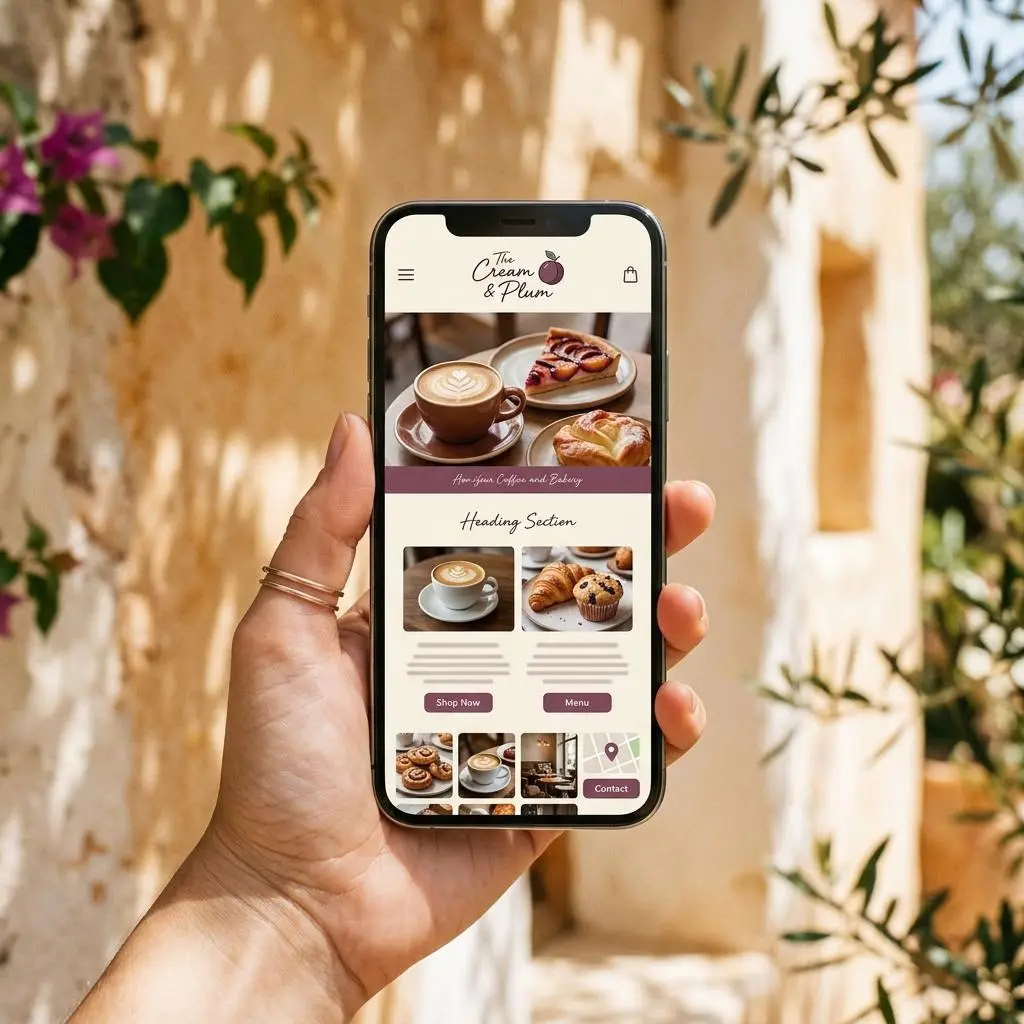 Phone held against a stucco wall showing a bakery website concept
