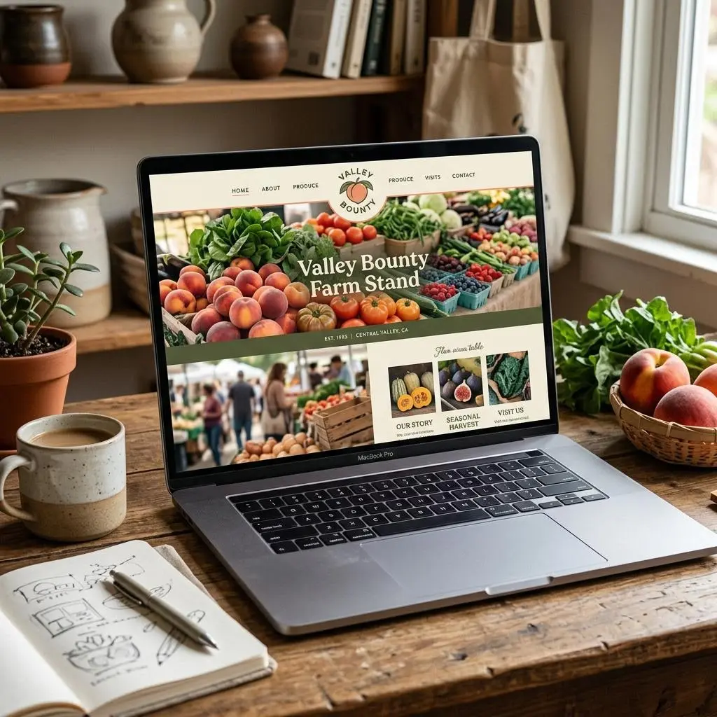 Laptop showing a farm stand website concept with large produce photography