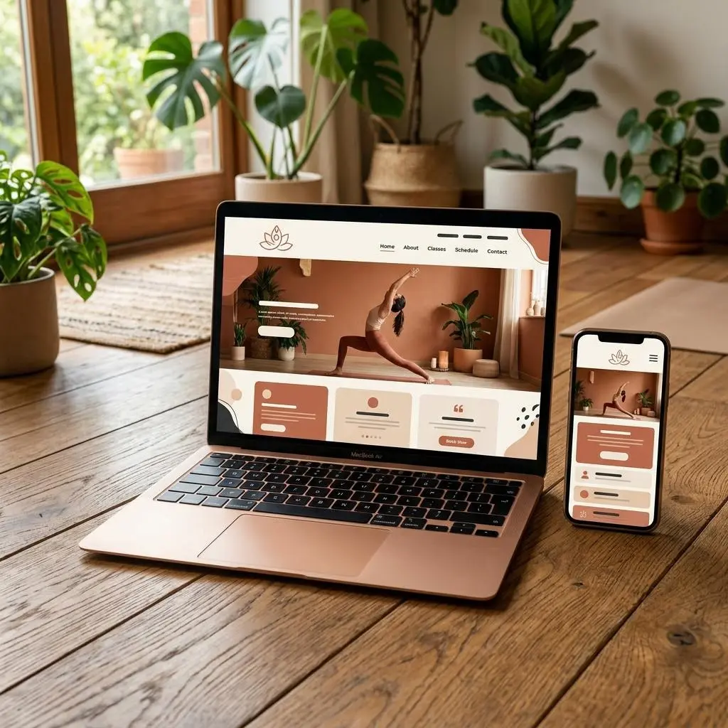Laptop and phone showing a yoga studio website concept on a wooden floor