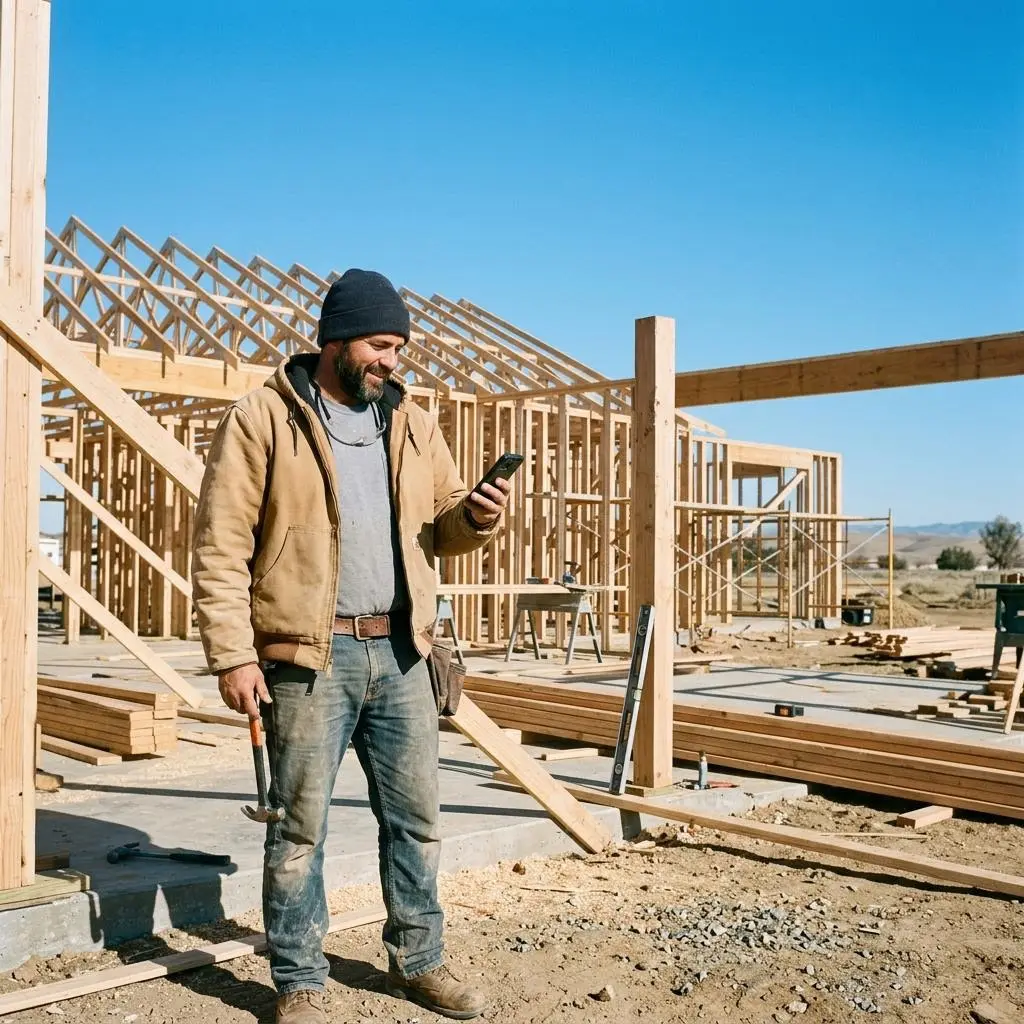 Contractor checking a smartphone at a residential framing job site under a clear Central Valley sky