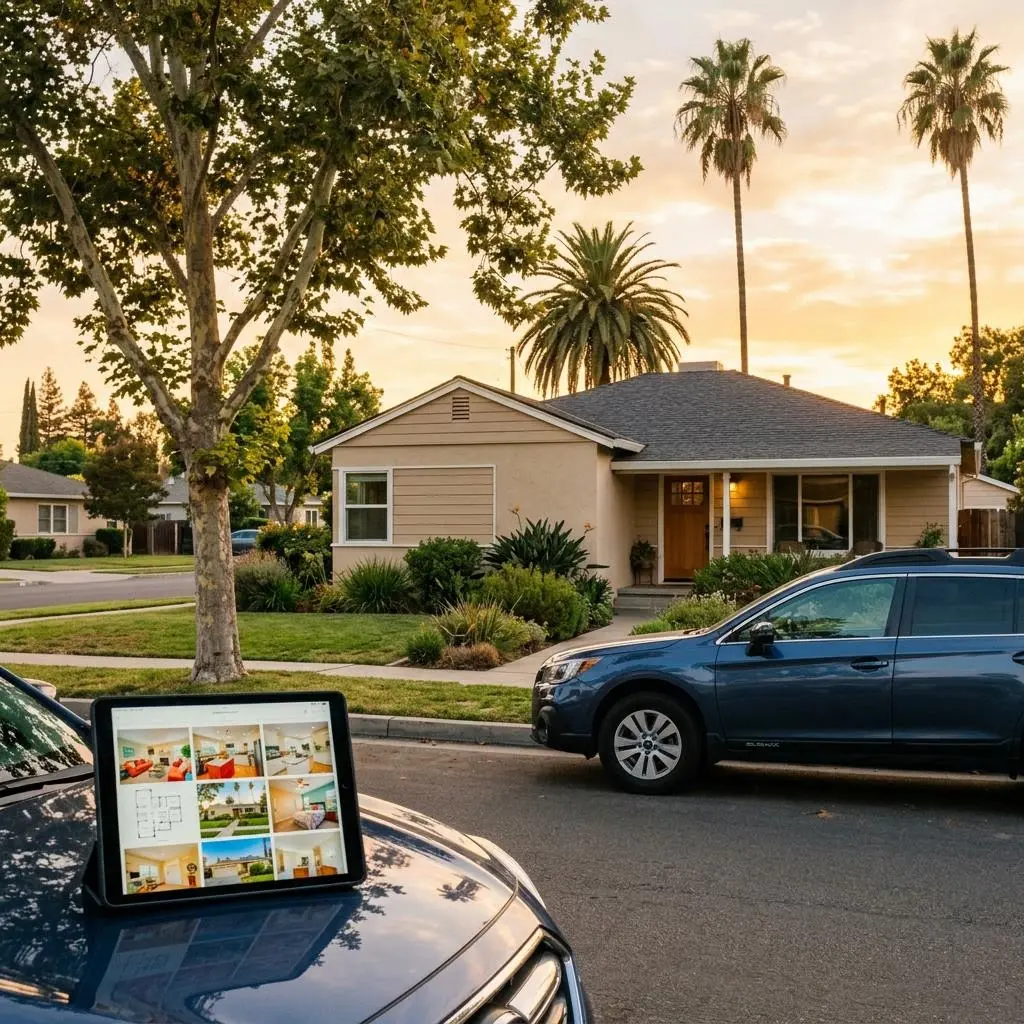 California ranch style home at golden hour with a tablet showing a property listing gallery