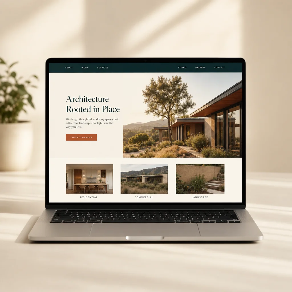 A single laptop displaying a clean modern business website redesign concept