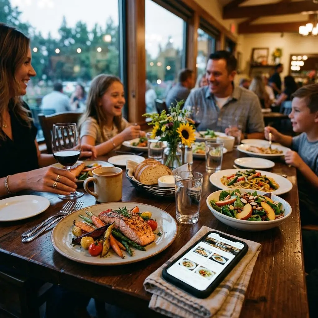 Restaurant table with plated food and a phone showing a menu webpage in warm evening light